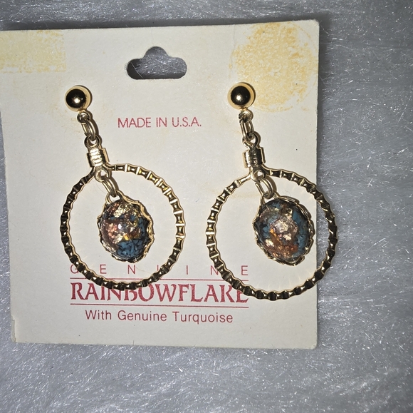 NEW Vintage Genuine Rainbowflake With Genuine Turquoise Earrings - Picture 3 of 5